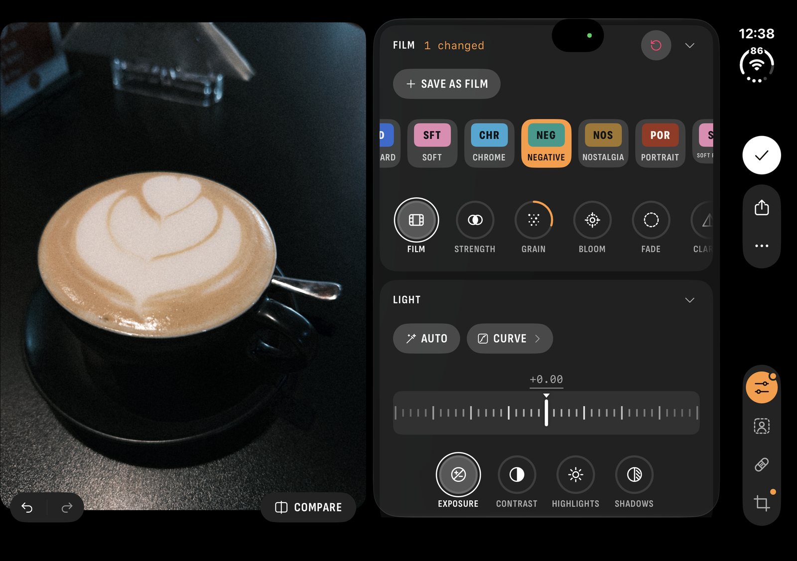 Chobial on an open iPhone Duo: the photo on one side, the editor on the other