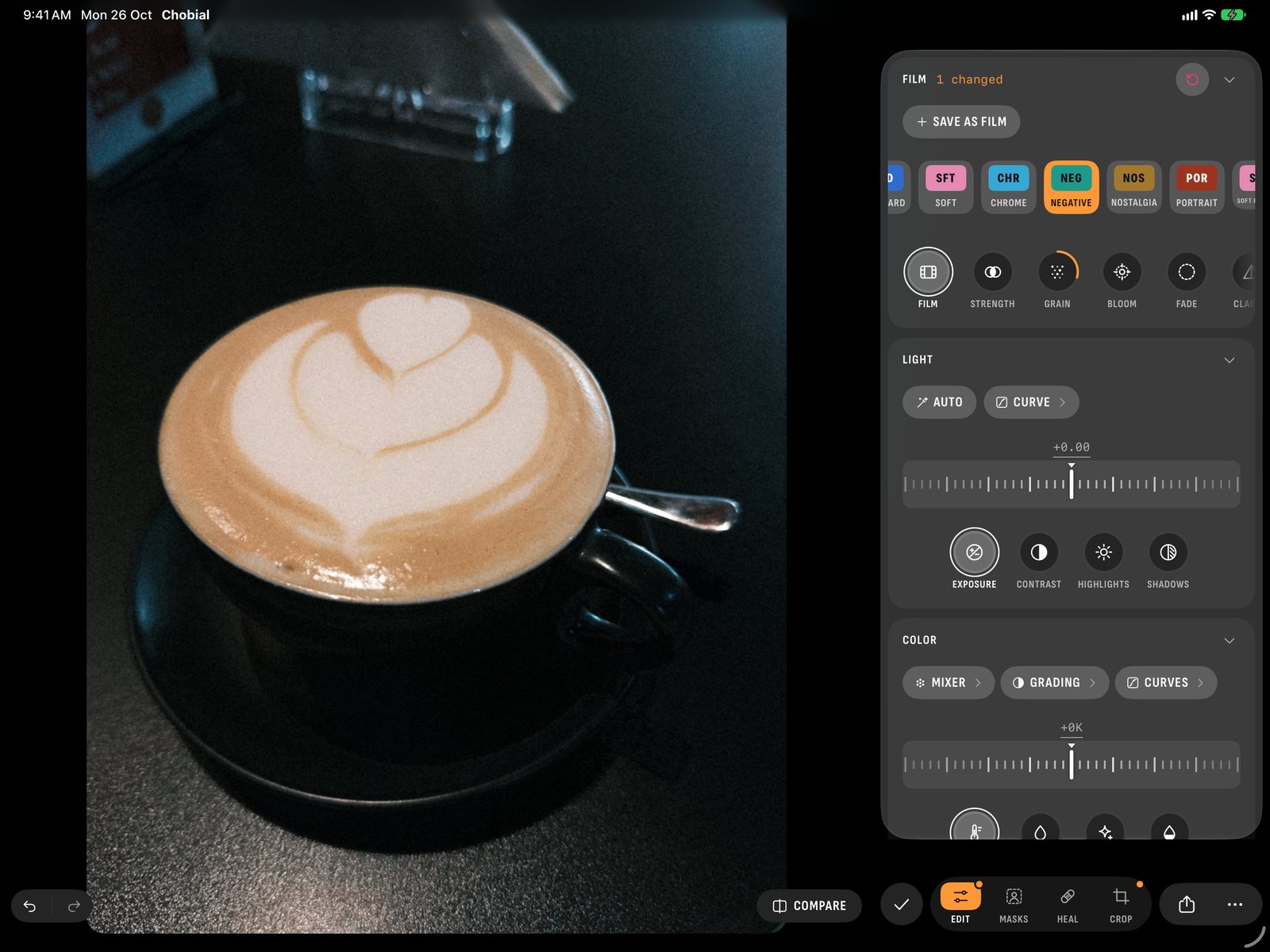 Chobial on iPad: a latte in the editor, with Film, Light and Color stacked beside the photo