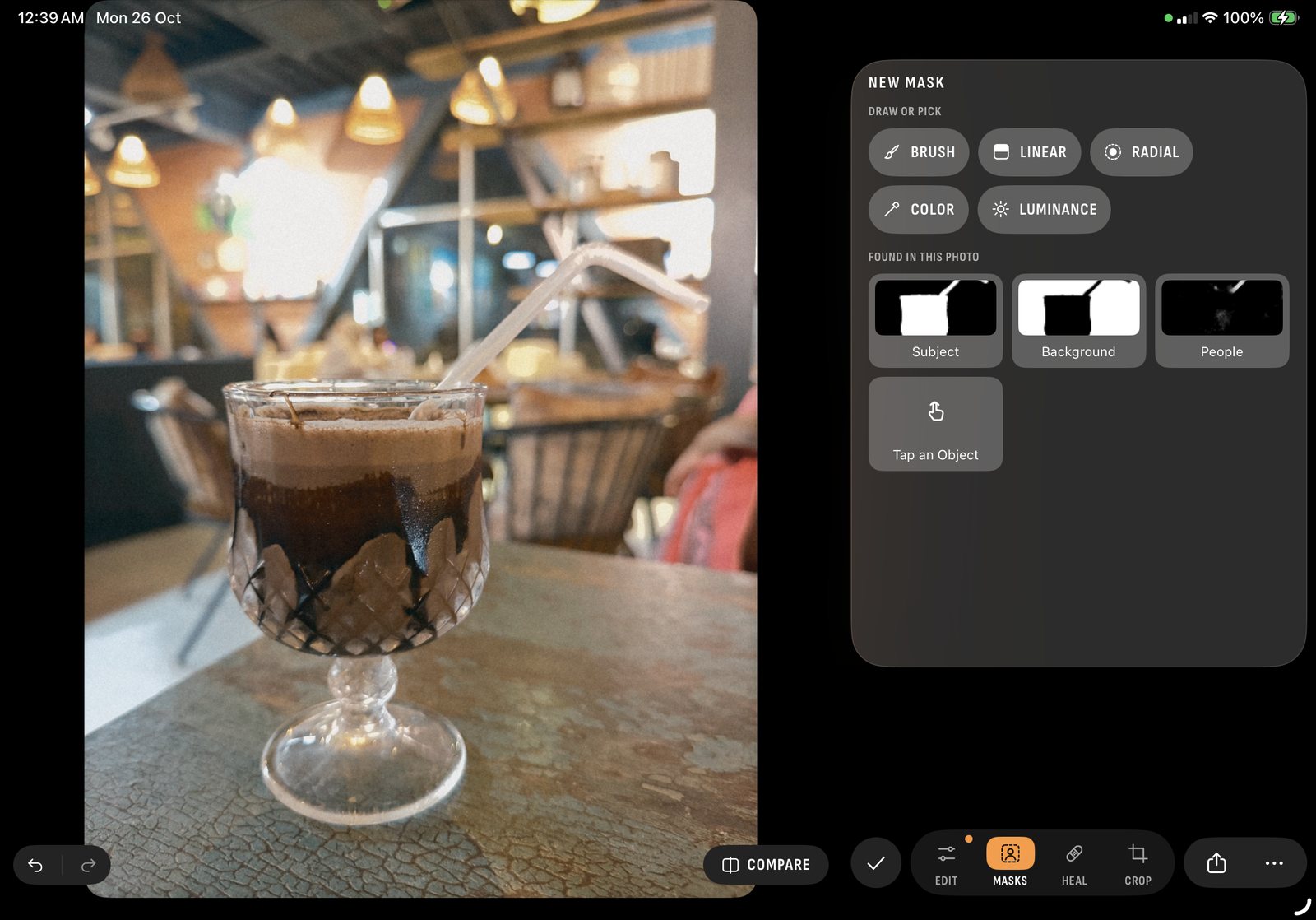 Masks on iPad: subject, background and people found in a photo of iced coffee, in a panel beside it