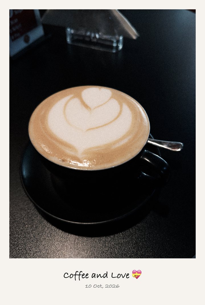 A coffee photo in the Instant frame, captioned by hand